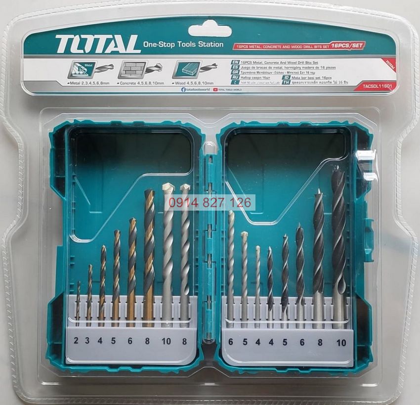 Bộ 16 mũi khoan bê tông/gỗ/sắt thép/siết ốc vít TOTAL TACSDL11601 Combo 16 mũi khoan đa năng, Bh 6 tháng diy-vietnam