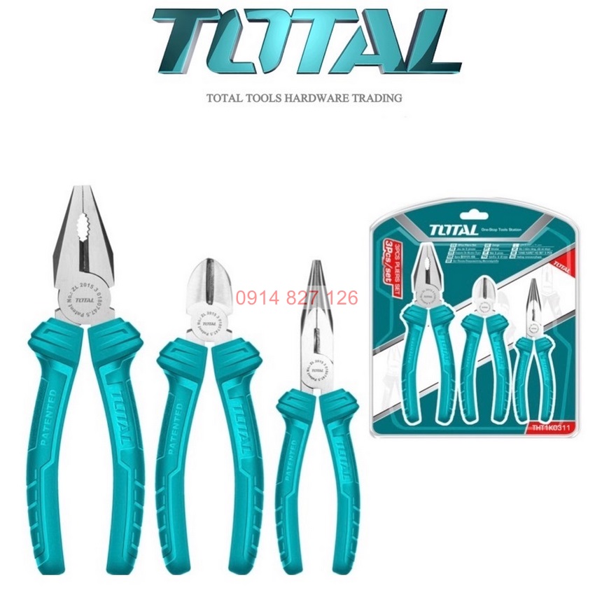 Bộ 3 kìm điện, kìm cắt và kìm mũi nhọn TOTAL THT1K0311, 7inch-6inch-6inch, thép không gỉ