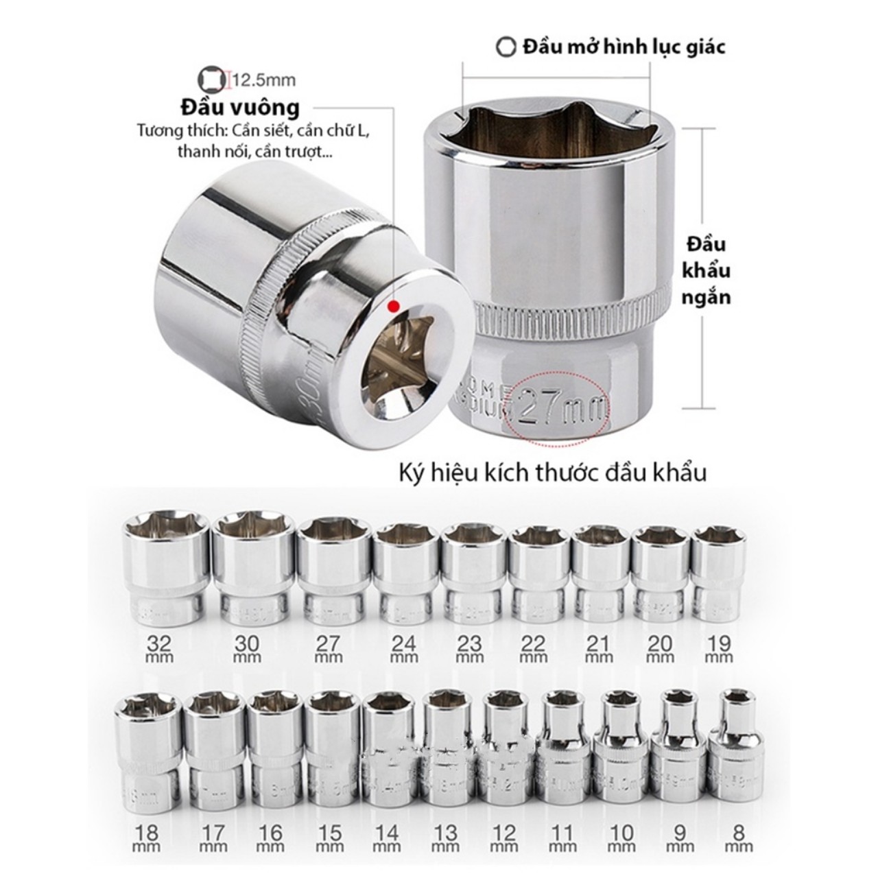 Tuýp khẩu trắng ngắn KAPUSI Nhật Bản 1/2 inch cỡ 8-32mm