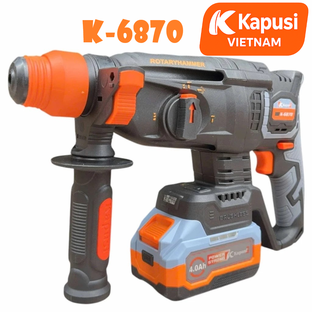 Máy Khoan Đục Bê Tông Pin 21V Kapusi K-6870 – Brushless, 3 Chức Năng, Lực Đập 3.0J, Đầu SDS, Khoan 26mm, BH 12 tháng