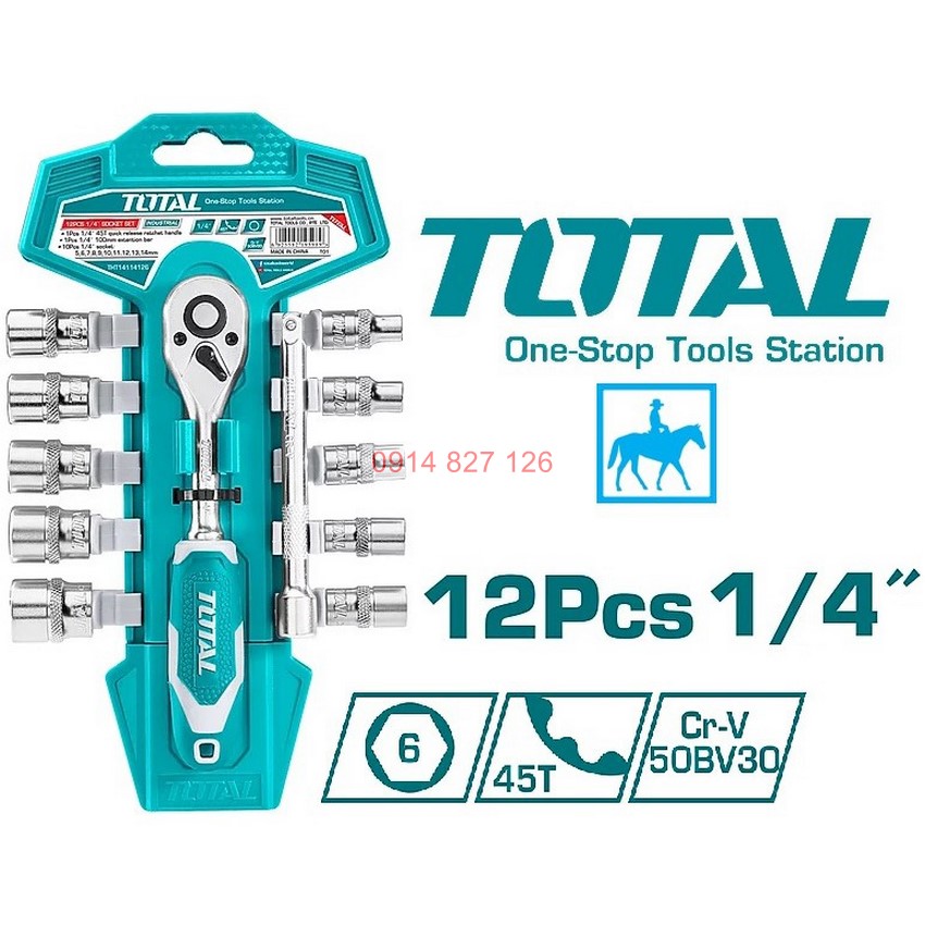 Bộ cần siết 2 chiều kèm 12 socket TOTAL THT14114126 1/4inch thép CrV chất lượng cao 50BV30