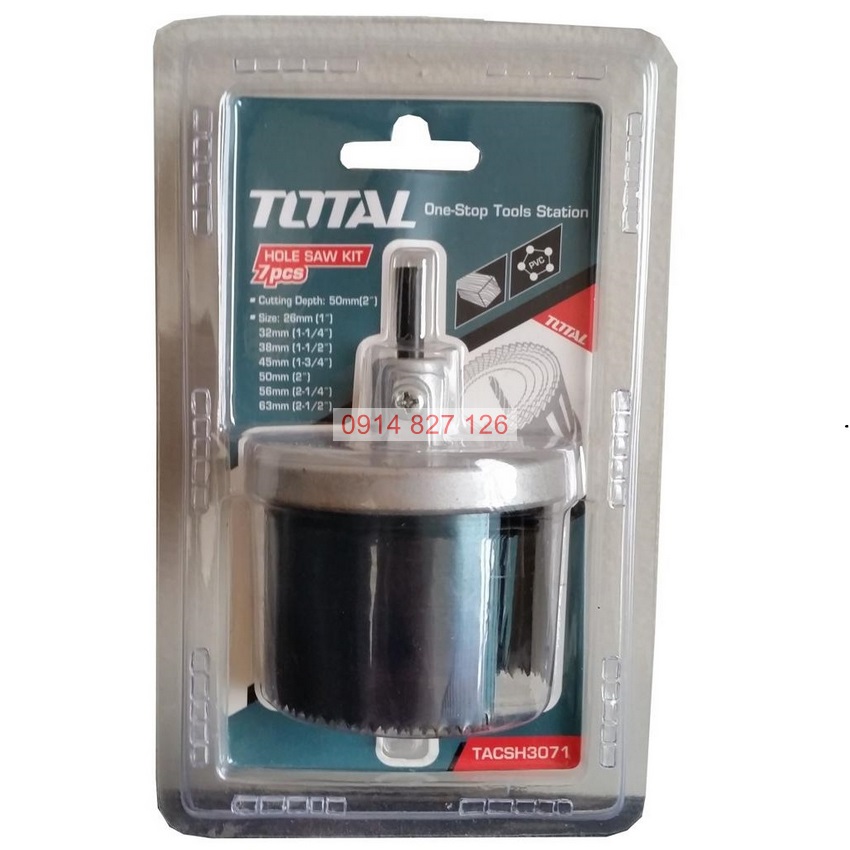 Bộ mũi khoét lỗ gỗ 7 chi tiết TOTAL TACSH3071 chất liệu thép đk lỗ khoét 26-32-38-45-50-56-63mm