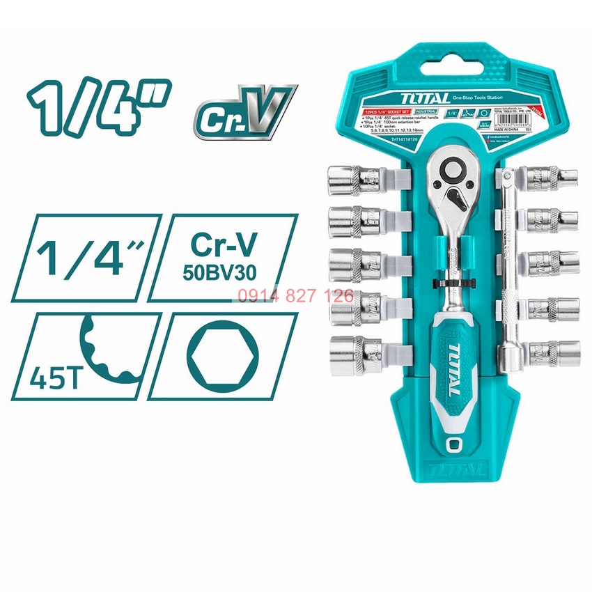 Bộ cần siết 2 chiều kèm 12 socket TOTAL THT14114126 1/4inch thép CrV chất lượng cao 50BV30