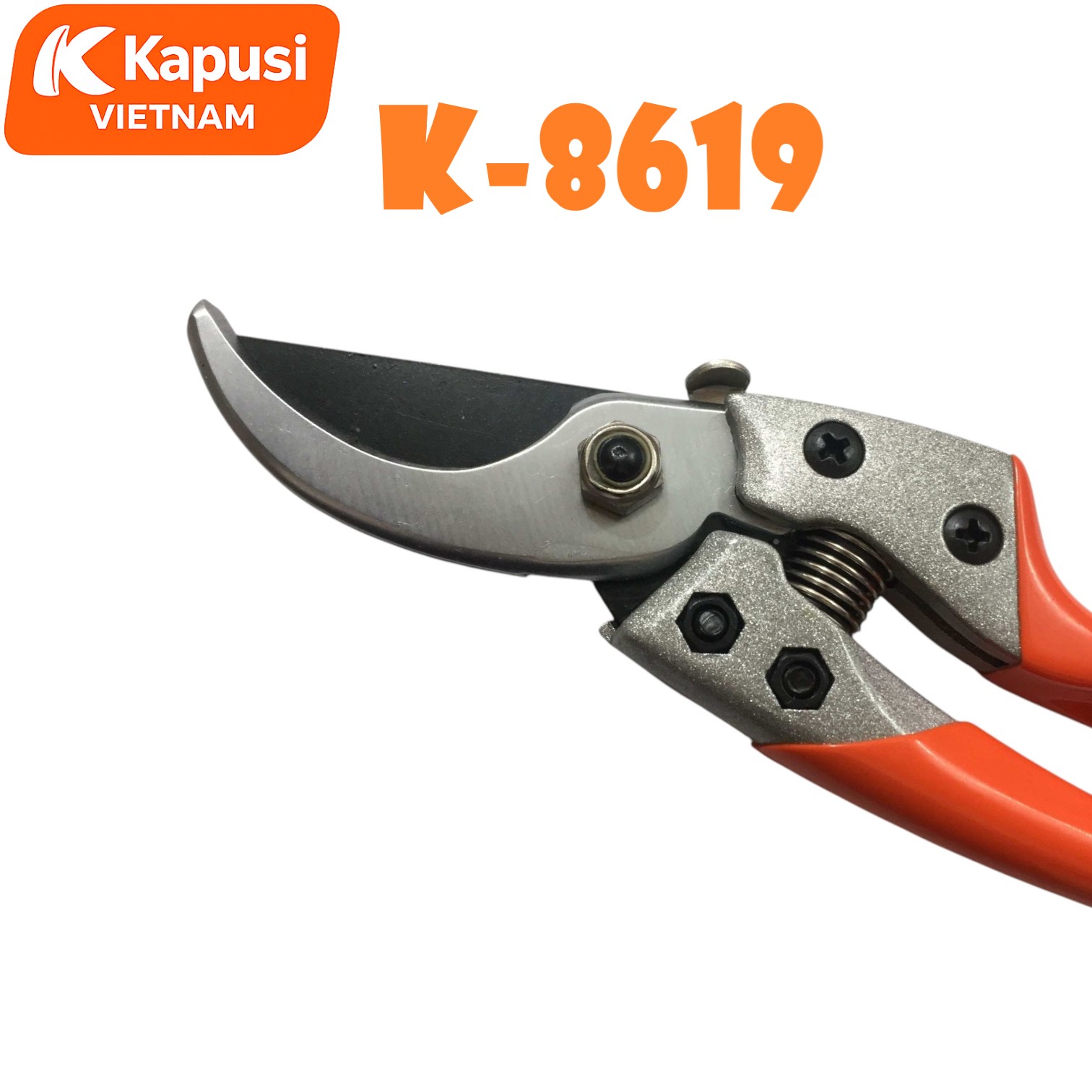Kéo Cắt Cành 8 Inch KAPUSI K-8619 Lưỡi Đen Dáng Cong Thép SK5 Cao Cấp Có Chốt Khóa Lò Xo Cứng Cáp, BH 12 tháng