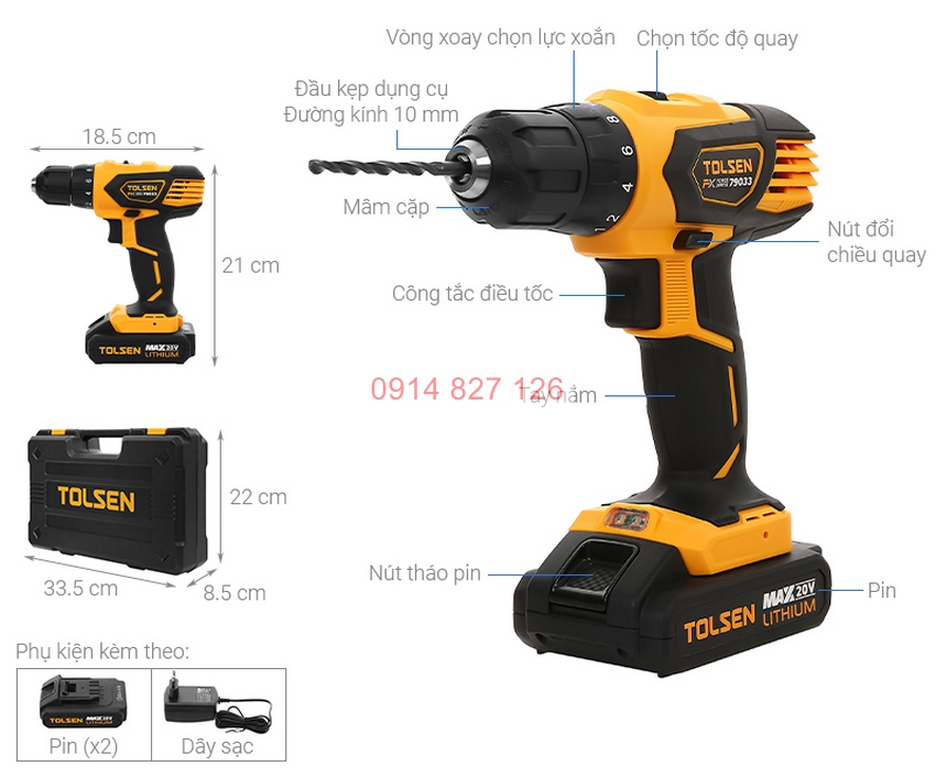 Máy khoan pin 2 tốc độ 10mm 20V 2 PIN TOLSEN 79033