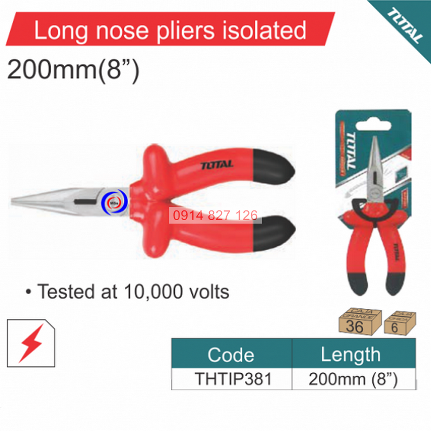 Kìm mỏ nhọn dài cách điện 1000V TOTAL THTIP381 8inch chất liệu thép C-rV siêu bền cứng