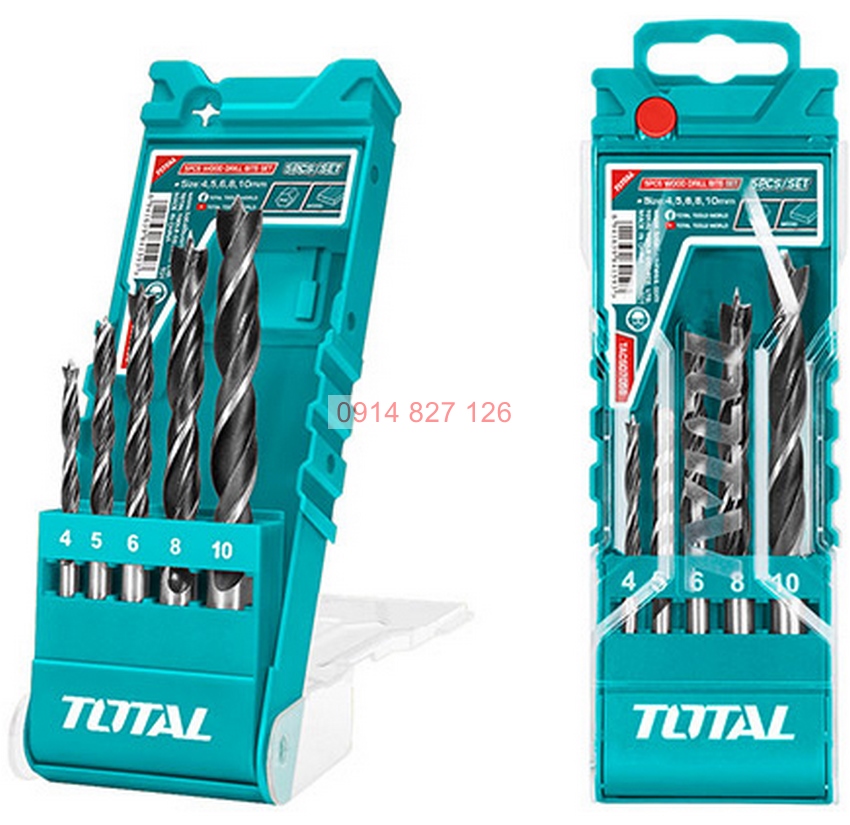 Bộ mũi khoan gỗ 5 chi tiết cỡ từ 4 - 10mm TOTAL TACSD7056, hợp kim cao cấp