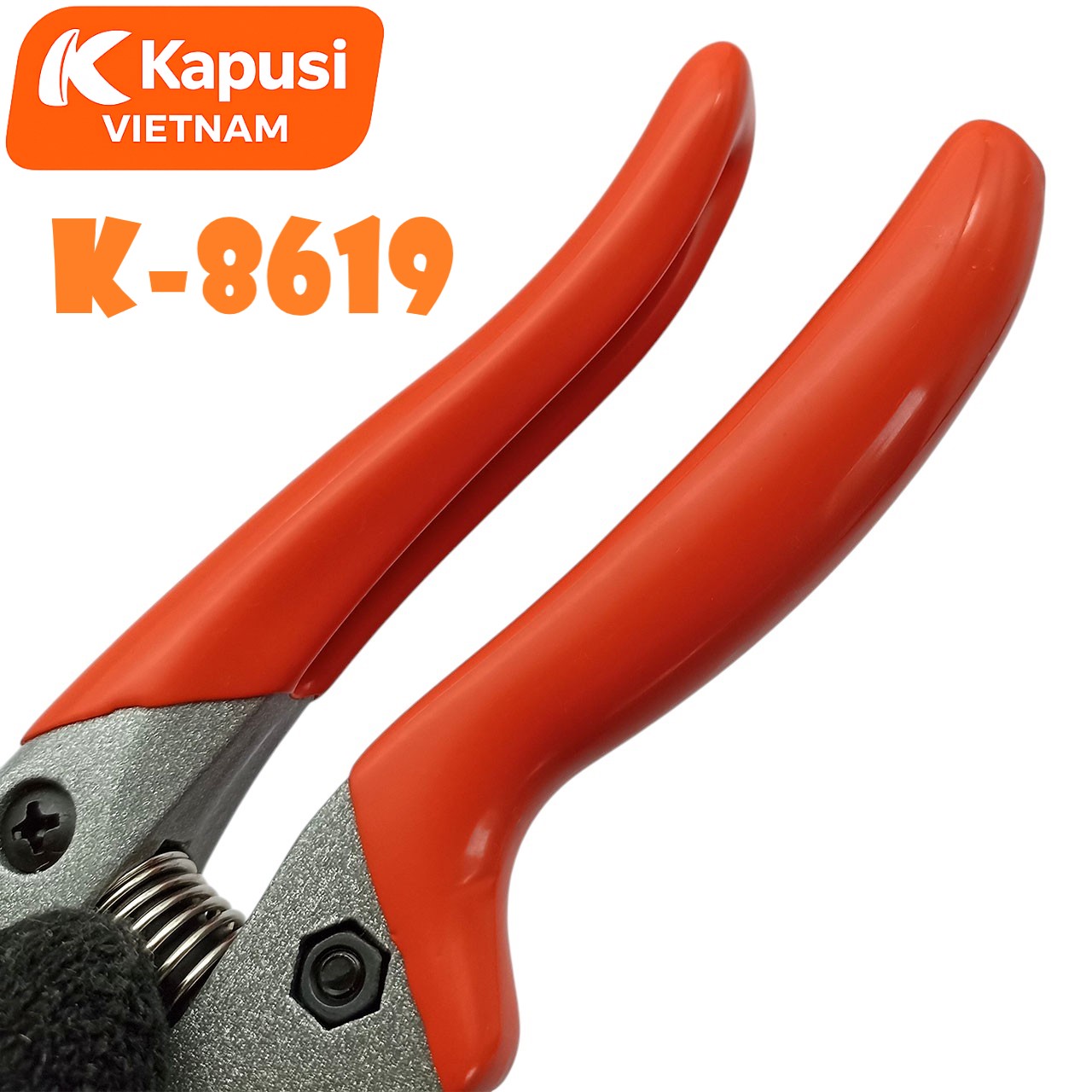 Kéo Cắt Cành 8 Inch KAPUSI K-8619 Lưỡi Đen Dáng Cong Thép SK5 Cao Cấp Có Chốt Khóa Lò Xo Cứng Cáp, BH 12 tháng