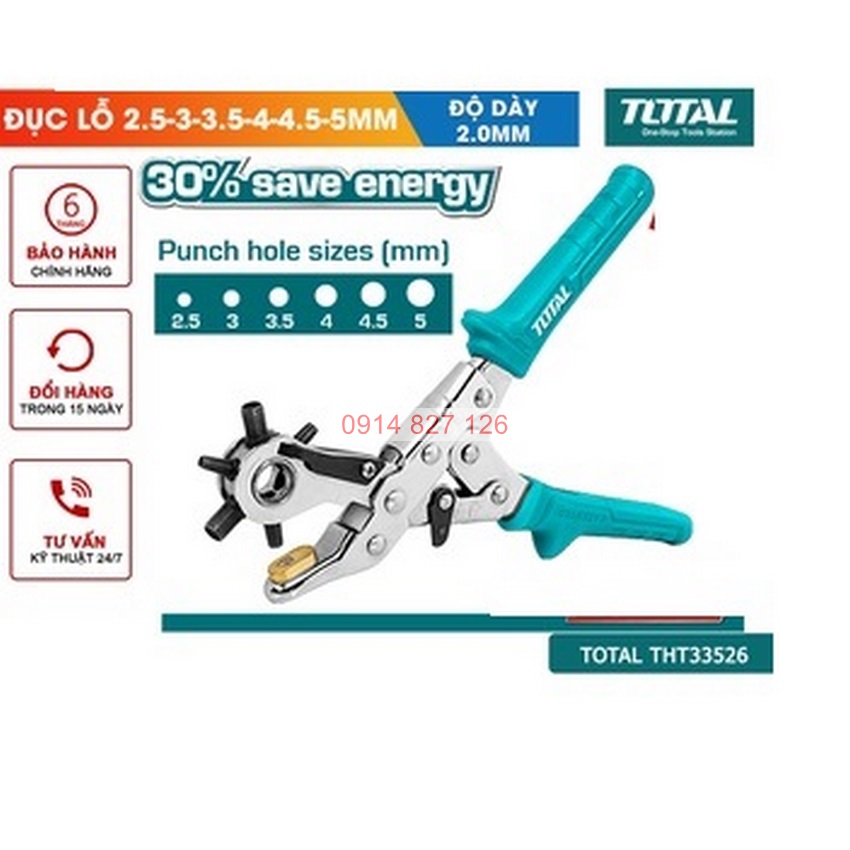 Kìm bấm lỗ vải da TOTAL THT33526, dụng cụ đục lỗ vải da dày 2.0mm, nhiều kích thước đục