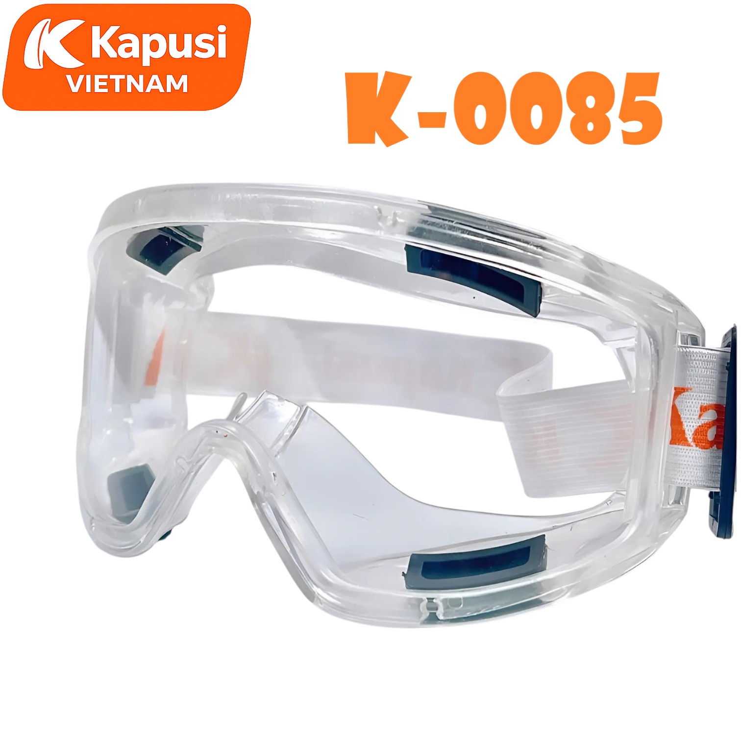 Kính Bảo Hộ Đa Năng KAPUSI K-0085 Dây Trắng Cam -Mắt Kính Polycarbonate Trong Suốt Chịu Lực Va Đập Chống Trầy Xước BH12T