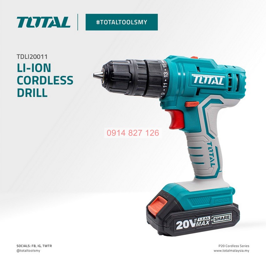 Máy khoan pin cầm tay 20V Total TDLI20011 hai tốc độ 400/1500v/p, siết 45nm, kèm 1 pin sạc