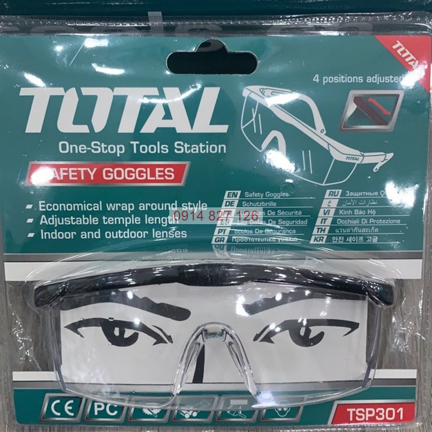 Kính bảo hộ lao động TOTAL TSP301 chống giọt bắn Chất liệu Polycarbonate, nhẹ, hấp thụ tia cực tím