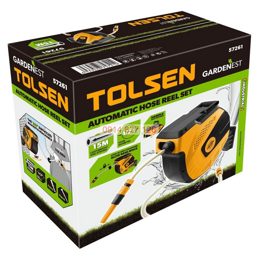 Bộ Rulô cuộn ống nước tự động TOLSEN 57261, kèm dây 15m, áp suất vòi 300psi, ống chống thấm, Bh 12 tháng diy-vietnam