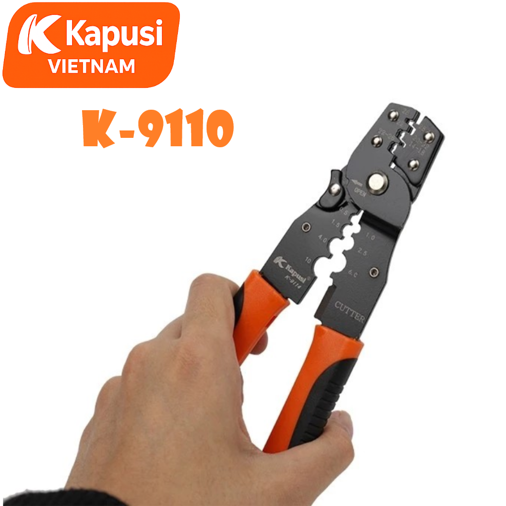 Kìm Ép Cốt Đa Năng Kapusi K-9110 – Bấm Cos AWG 14–28, Tuốt Dây 0.5–10mm, Thép Hợp Kim Cứng, Dài 190mm, Bh 12 tháng