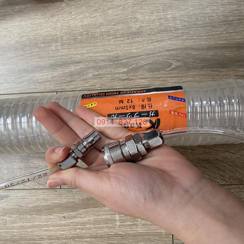 Dây xoắn dẫn khí nén K-1033, K-1034, K-1035, cỡ 6m,9m,12m Kapusi, 2 đầu khóa SP20 và PP20