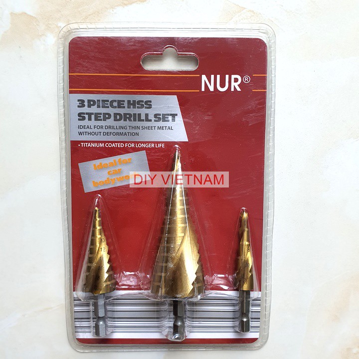 Bộ 3 mũi khoan tháp rãnh xoẵn và rãnh thẳng TITANIUM 4-32mm khoan sắt, tôn (Mũi khoét tháp)