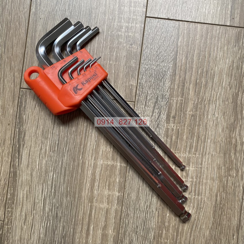 Bộ lục giác bi trắng mờ chữ L KAPUSI K-0191, 9 chi tiết từ 1.5-10mm Hợp kim thép