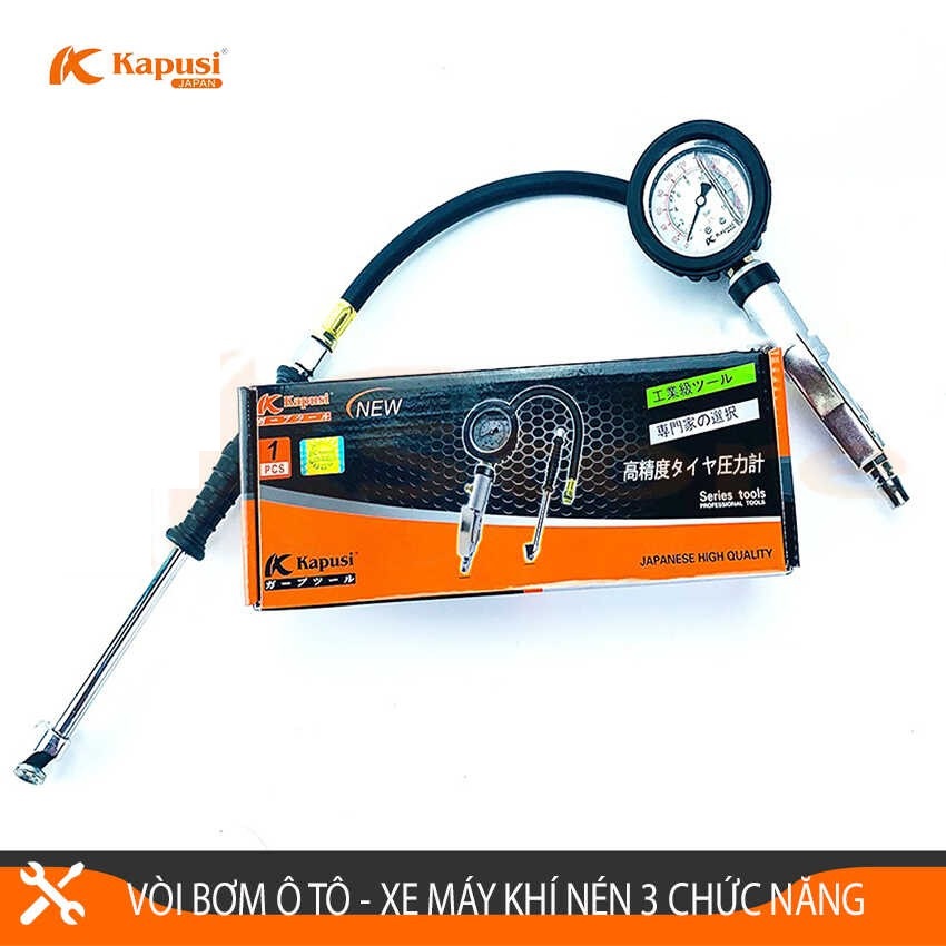 Bơm lốp cao cấp khí nén KAPUSI K-1091 3 chức năng, đồng hồ đo áp suất, đầu bơm 2 đầu tiện lợi
