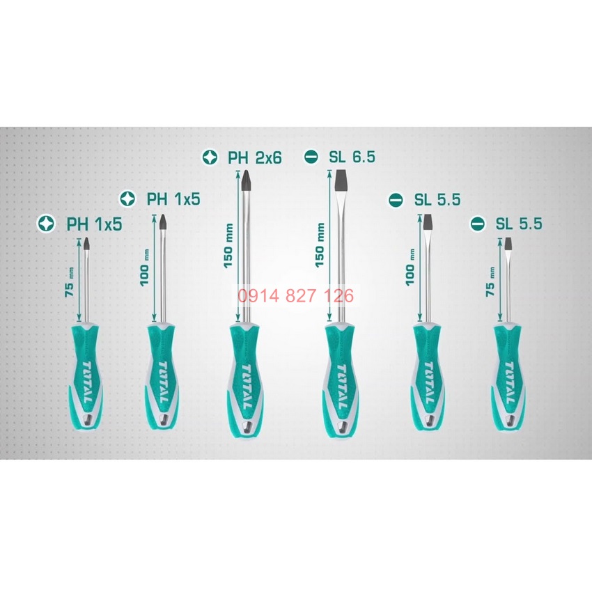 Bộ 6 tua vít TOTAL THT250606 tay cầm thiết kế nhỏ dọn, đuôi tròn