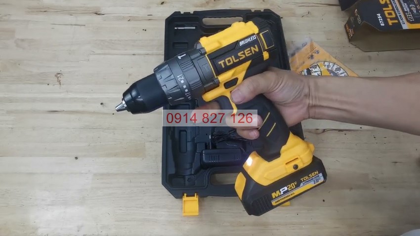 Máy khoan pin 20V 13MM có búa động cơ không chổi than TOLSEN 87254, lực vít lên đến 58Nm