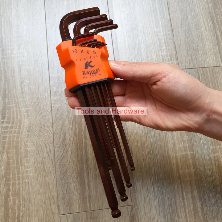 Bộ Lục Giác Thép Nâu Đầu Bi Hãng Kapusi K-7408 9 Cây Chữ L 1.5-10mm, Chất liệu thép CR-V6150