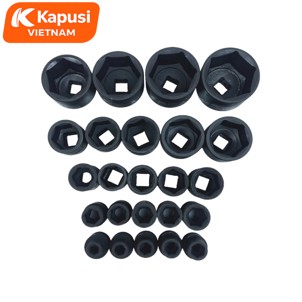 Đầu Tuýp Đen Ngắn 1/2Inch Kapusi Thép Cr-Mo Siêu Cứng - Khẩu Lục Giác Cho Máy Siết Bu Lông Đủ Size 8mm-41mm, Bh 12 tháng