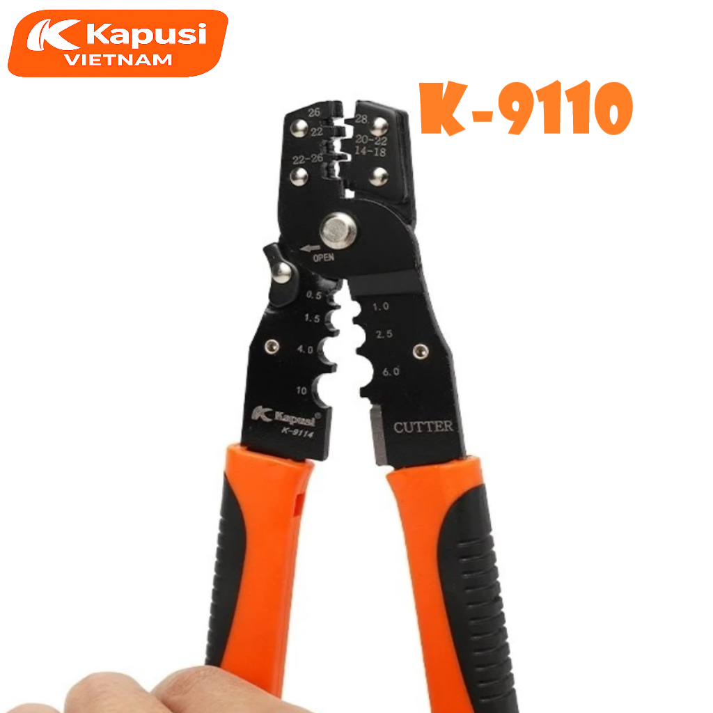 Kìm Ép Cốt Đa Năng Kapusi K-9110 – Bấm Cos AWG 14–28, Tuốt Dây 0.5–10mm, Thép Hợp Kim Cứng, Dài 190mm, Bh 12 tháng