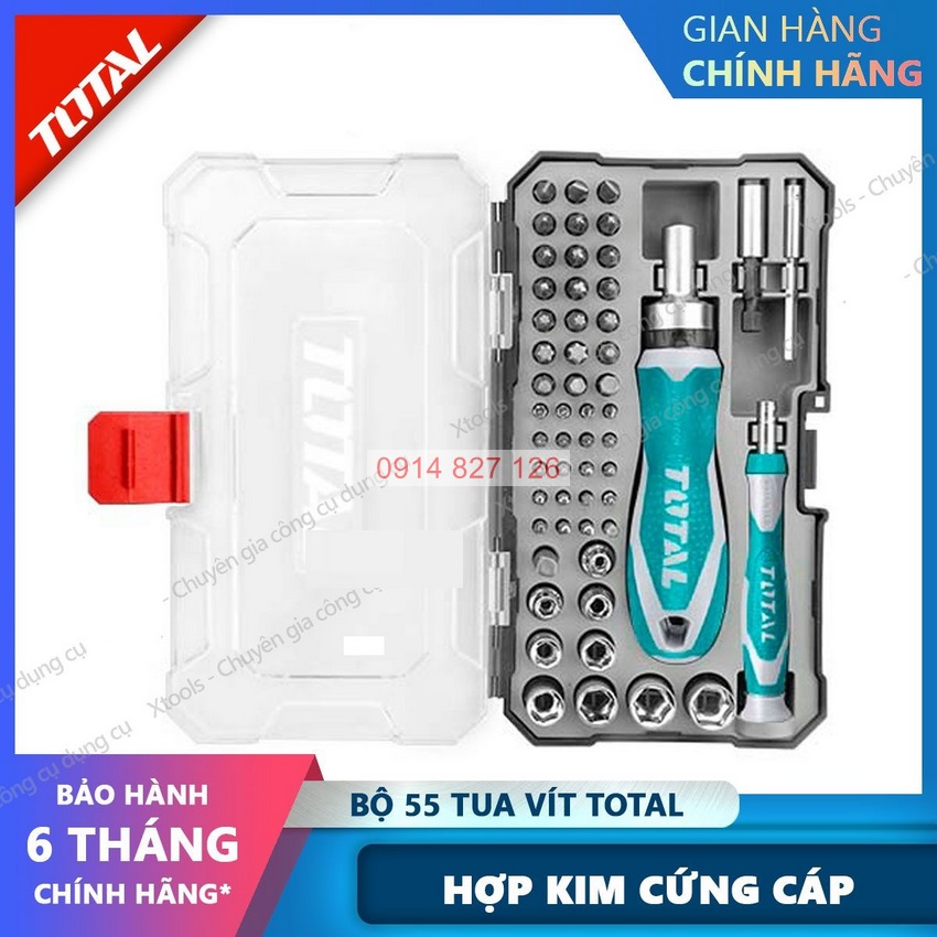 Bộ tua vít đa năng tự động 55 chi tiết TOTAL TACSD30556 gồm tua vít, mũi vít, đầu tuýp