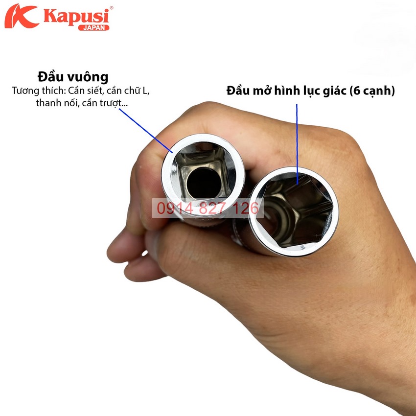 Tuýp khẩu lục giác trắng dài 78mm KAPUSI Nhật Bản hệ 1/2 inch đủ size 8-32mm, thép CR-V