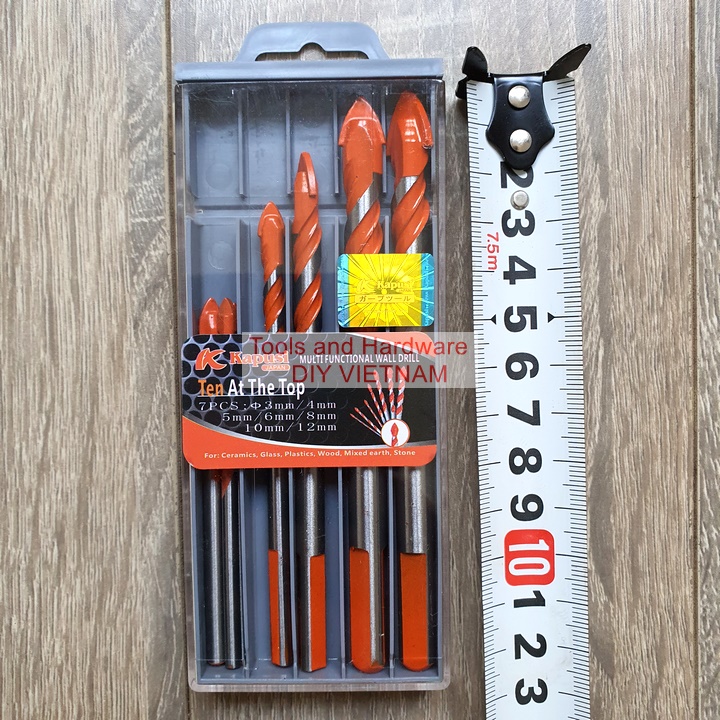 Hộp 7 mũi khoan đa năng Kapusi Nhật Bản các gồm các cỡ 3, 4, 5, 6, 8, 10, 12mm