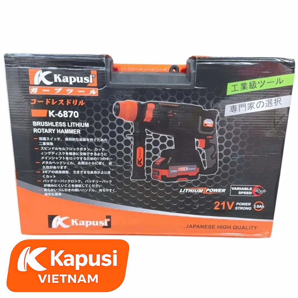 Máy Khoan Đục Bê Tông Pin 21V Kapusi K-6870 – Brushless, 3 Chức Năng, Lực Đập 3.0J, Đầu SDS, Khoan 26mm, BH 12 tháng