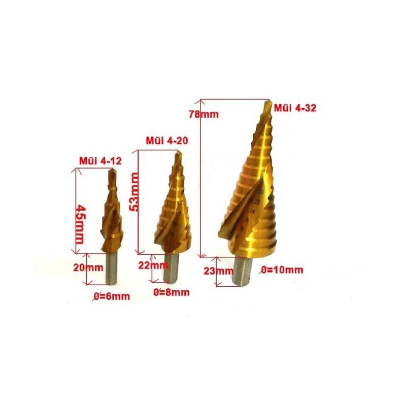 Bộ 3 Mũi khoan tháp rãnh xoăn KAPUSI K-3240 chất liệu titanium các cỡ từ 4-12, 4-22, 4-32mm