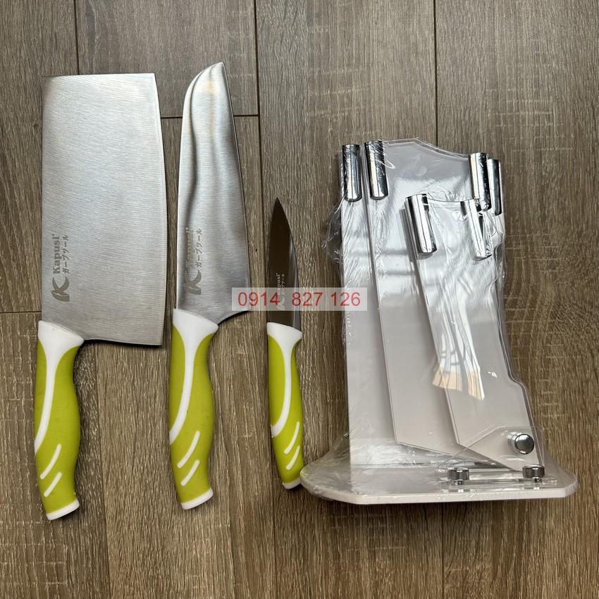 Bộ 3 dao nhà bếp KAPUSI Nhật Bản kèm khay cắm, cán nhựa đa năng, đủ kích cỡ