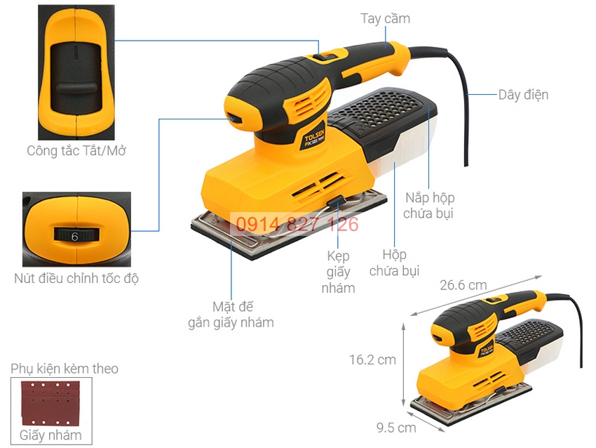 Máy chà nhám chữ nhật 220W TOLSEN 79563, đế nhám 187 x 92.5 mm, chịu lực tốt, cách nhiệt cao