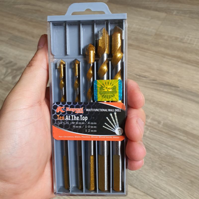 Hộp 5 mũi khoan đa năng hãng Kapusi Nhật Bản các gồm các cỡ hai mũi 6m và mũi 8, 10, 12mm