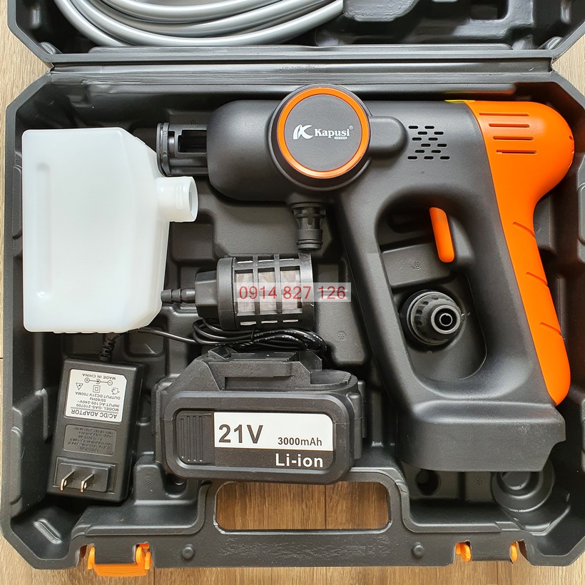 Bộ Máy Rửa Xe pin 21V hãng KAPUSI K-6995 đủ phụ kiện rửa ô tô, xe máy, tưới cây, sân vườn