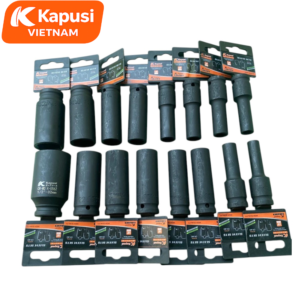Đầu Khẩu Đen Dài Lẻ 1/2 Inch Thép Cr-Mo Kapusi - 6 Cạnh Chịu Lực Chống Biến Dạng Chuyên Dụng Cho Máy Pin Máy Hơi