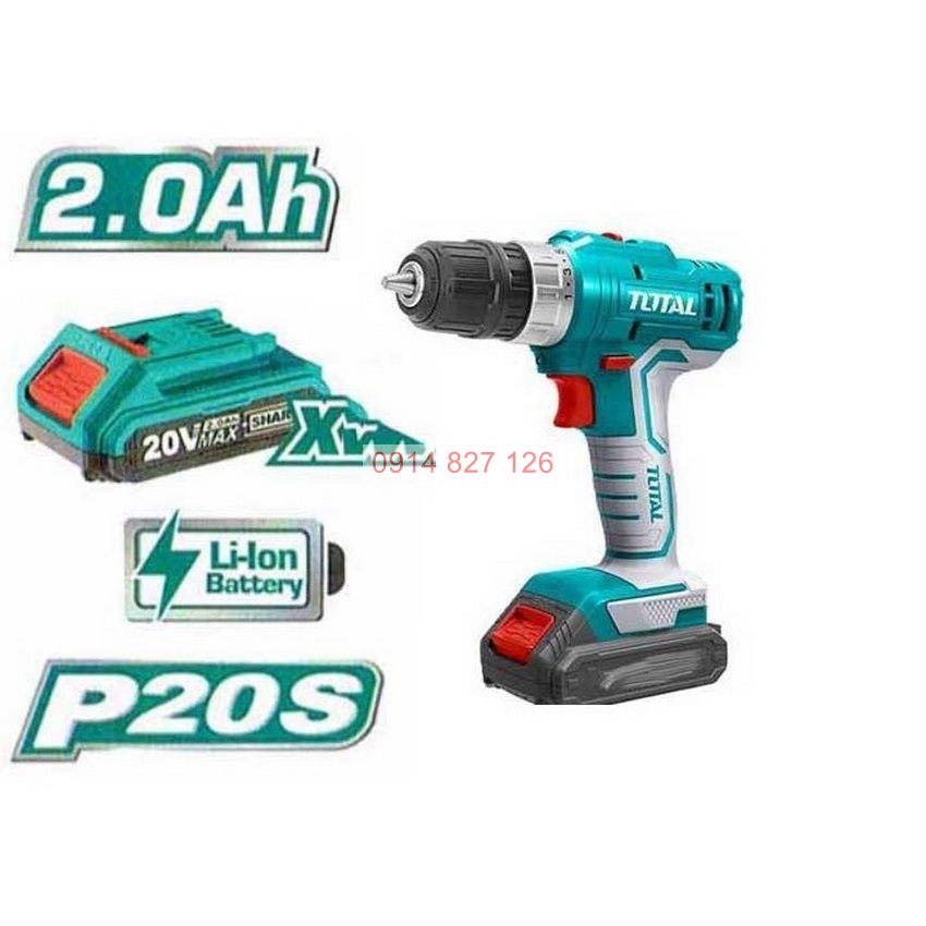 Máy khoan pin cầm tay 20V Total TDLI20011 hai tốc độ 400/1500v/p, siết 45nm, kèm 1 pin sạc