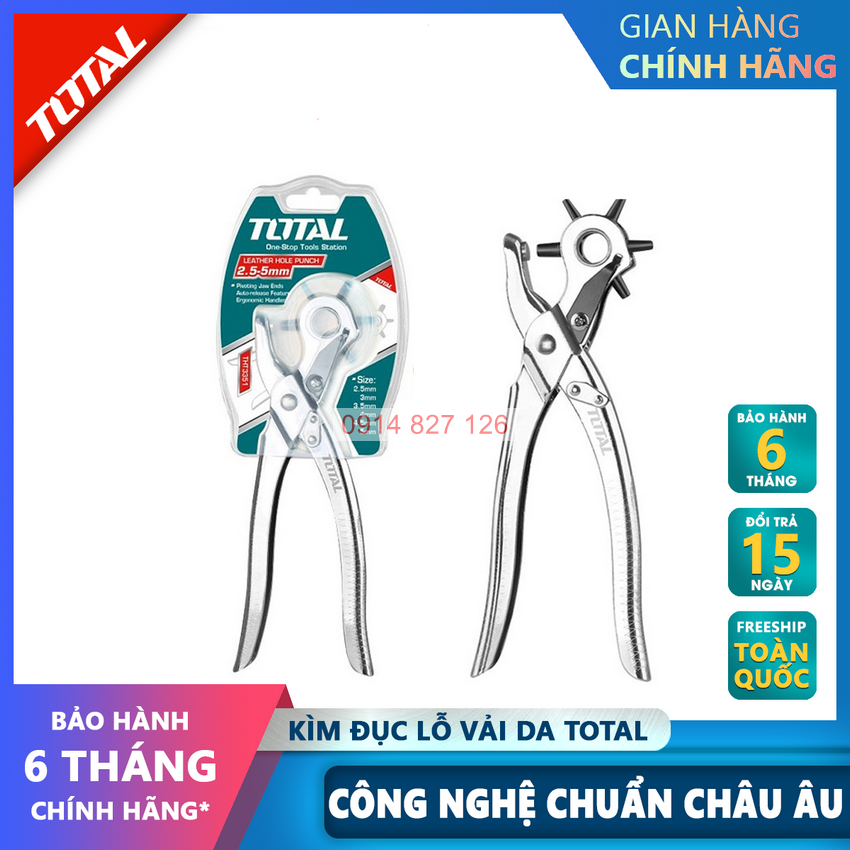 Kìm bấm lỗ TOTAL THT3351 kềm đục lỗ, 0.3kg, hỗ trợ bấm lỗ tròn, lỗ dẹt và lỗ hình oval, bầu dục