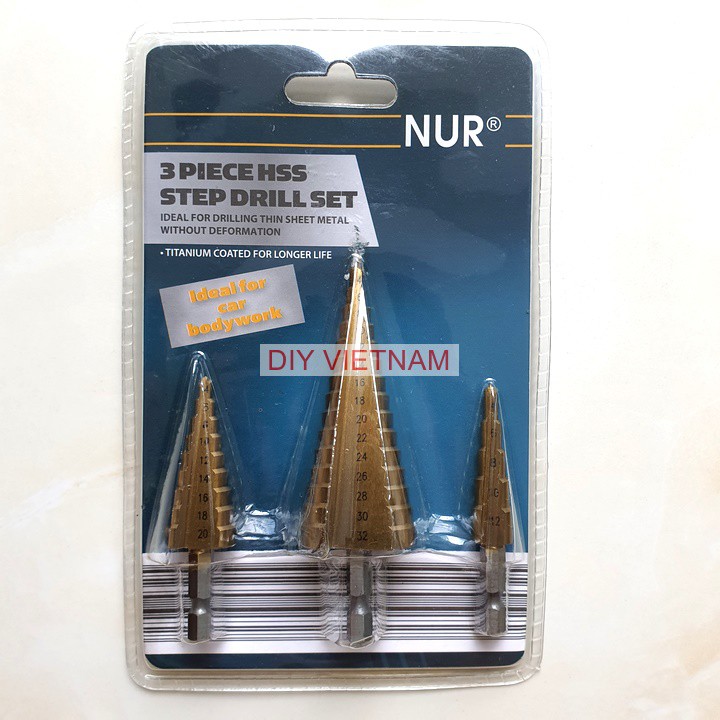 Bộ 3 mũi khoan tháp rãnh xoẵn và rãnh thẳng TITANIUM 4-32mm khoan sắt, tôn (Mũi khoét tháp)