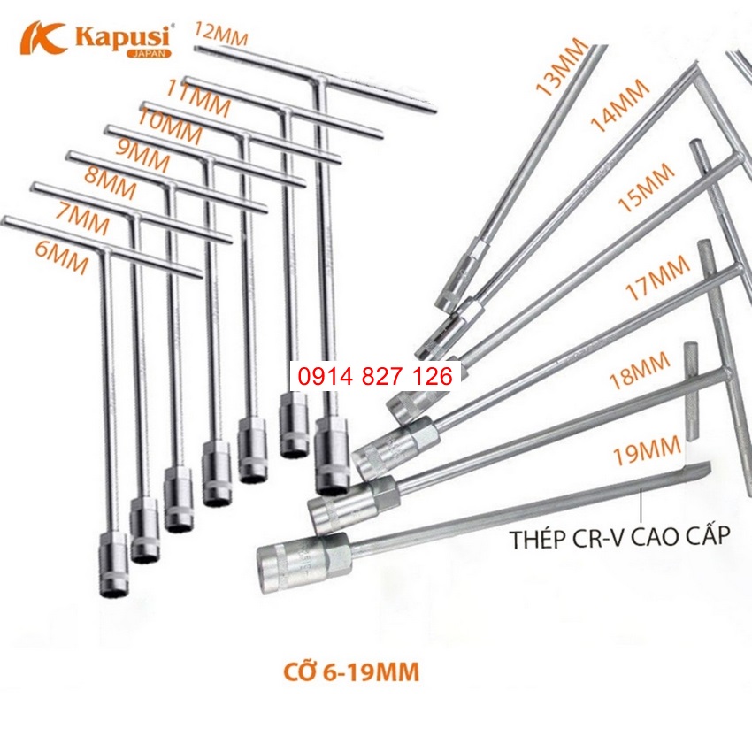 Bộ cần siết chữ T KAPUSI Nhật Bản 13 chi tiết 6-19mm, thép cr-v, chống gỉ sét