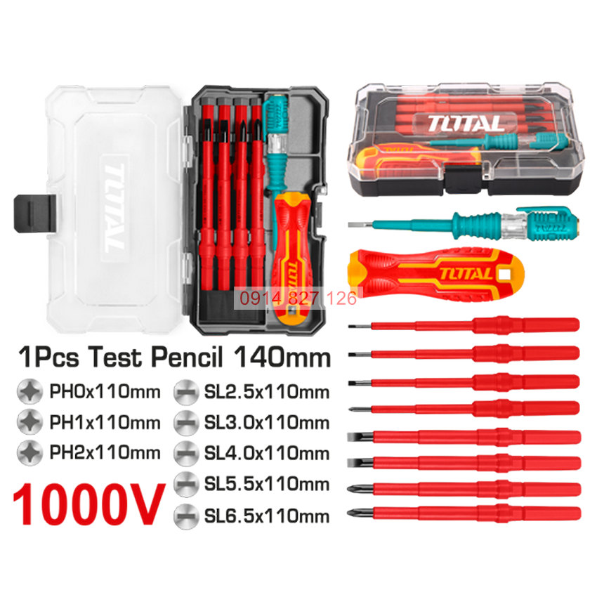 Bộ tua vít đa năng TOTAL THTIS5106 cách điện 1000V, 10 chi tiết, có thể hoán đổi đầu vít
