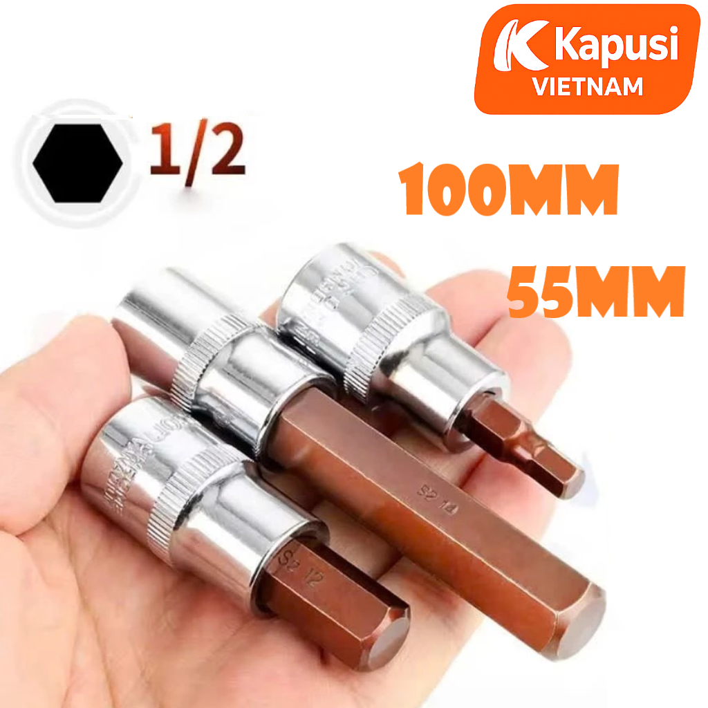 Bộ Đầu Tuýp Lục Giác 1/2 Inch Kapusi - Thép S2 Siêu Cứng - 2 Phân Loại 55mm & 100mm - Chống Tòe Đầu Tuyệt Đối