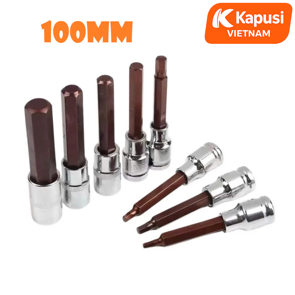 Đầu Tuýp Lục Giác 1/2 Inch Kapusi Dài 100mm (H4-H14) - Thép S2 Siêu Cứng - Chuyên Trị Bu Lông Hốc Sâu - Không Tòe Đầu