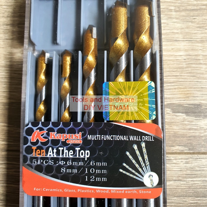 Hộp 5 mũi khoan đa năng K-3608 hãng Kapusi gồm các cỡ hai mũi 6m và mũi 8, 10, 12mm,có tem chống hàng giả