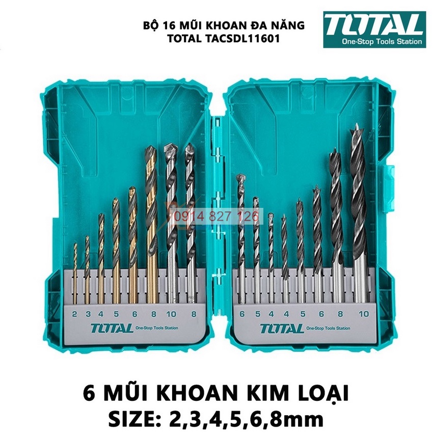 Bộ 16 mũi khoan bê tông/gỗ/sắt thép/siết ốc vít TOTAL TACSDL11601 Combo 16 mũi khoan đa năng, Bh 6 tháng diy-vietnam