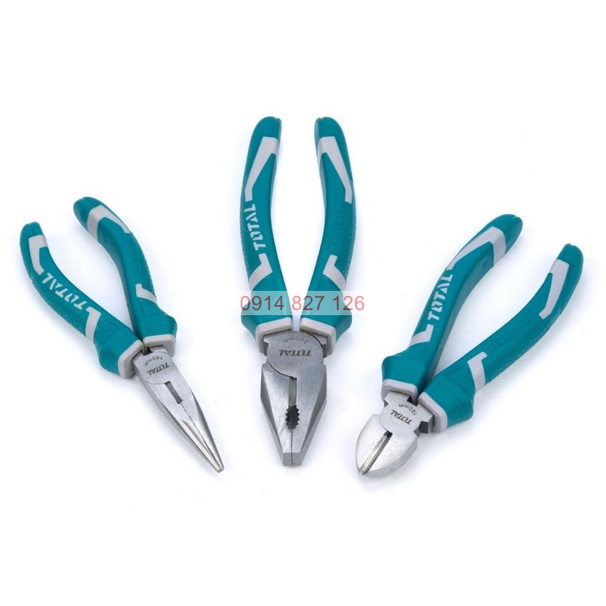 Bộ 3 kìm điện, kìm cắt và kìm mũi nhọn TOTAL THT1K0311, 7inch-6inch-6inch, thép không gỉ