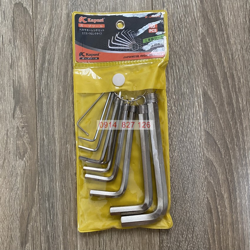 Bộ móc khóa lục giác chữ L KAPUSI Japan, 10 cây cỡ từ 1,5 - 10mm thép CR-V