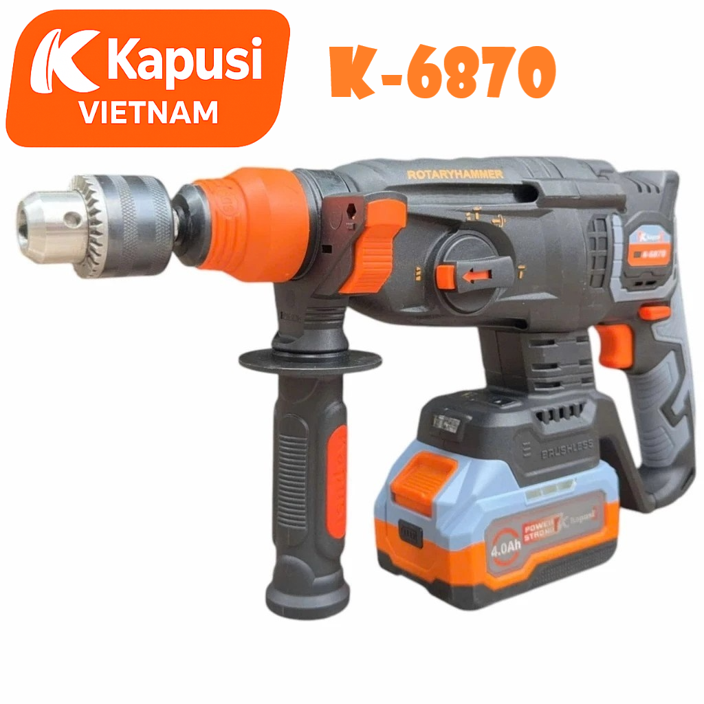 Máy Khoan Đục Bê Tông Pin 21V Kapusi K-6870 – Brushless, 3 Chức Năng, Lực Đập 3.0J, Đầu SDS, Khoan 26mm, BH 12 tháng