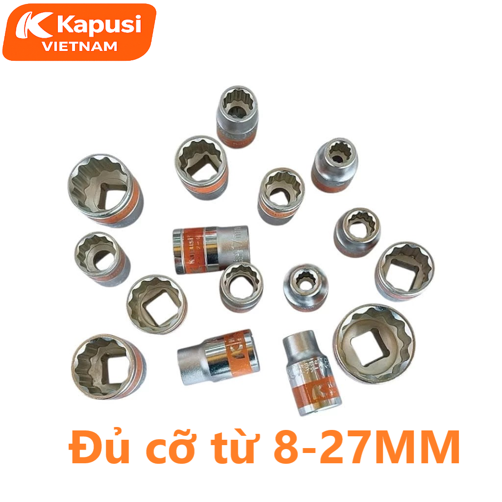 Bộ Khẩu Hoa Thị Ngắn KAPUSI Đủ Size 8-27mm - Trọn Bộ Đầu Tuýp Bông 16 Món Thép CR-V Mạ Chrome Chống Rỉ Sét